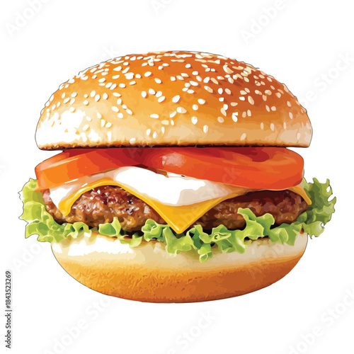 Round burger with sesame seed bun lettuce tomato and cheese hamburger seeds
