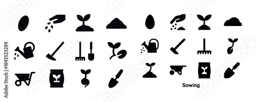 Sowing and gardening icons: tools, seeds, plants, watering, grow