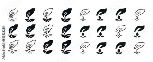 Seed planting icons: hand sowing growth symbol set