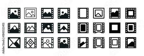 Set of 20 minimalist camera reel and photo icons in black and wh