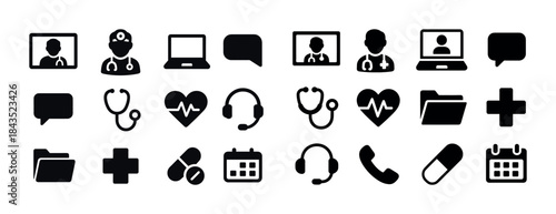 Healthcare and communication icon set: doctor, laptop, stethosco