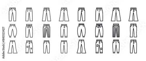 Collection of line art trousers: fashion illustration of various