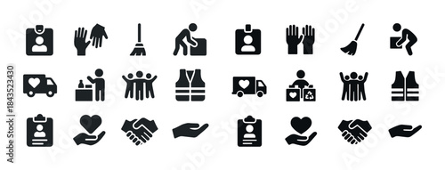 Volunteer and donation icons set: helping hands, care, teamwork,