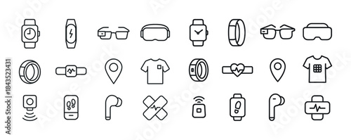 Icon set of wearable gadgets and health devices in line art styl