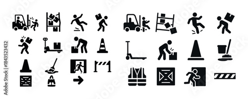 Workplace safety icons: safety gear, equipment, hazard signs, cl