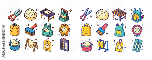 Colorful sewing and knitting icons featuring tools, yarn, and aw