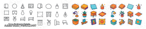 Cozy bedroom decor icons: minimalist and colorful designs