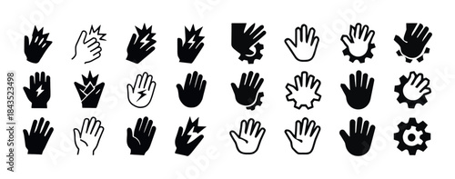 Set of 24 hand icon designs showing gestures and gear interactio