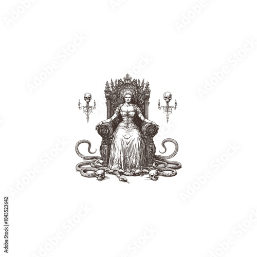 Dark gothic queen sitting on an ornate throne surrounded by snakes and human skulls in vintage engraving style