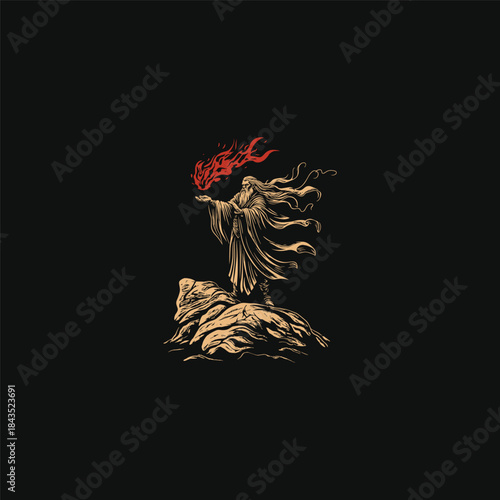 Majestic old wizard with a long beard standing on a rocky hill holding a glowing magical flame in hand-drawn vintage style.