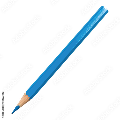Single blue colored pencil with sharpened point on white background writing drawing