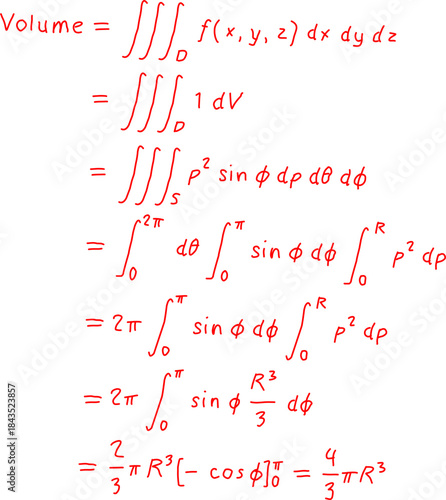 Handwritten calculus notes showing triple integral steps to calculate the volume of a sphere using spherical coordinates and integral limits.
