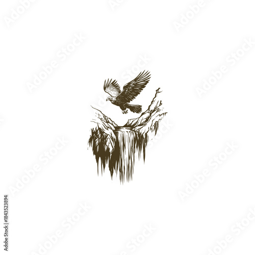 Majestic eagle flying over a scenic waterfall and mountain landscape in black and white silhouette style