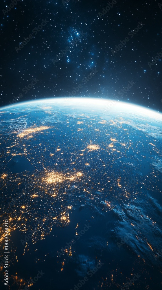Obraz premium The earth, illuminated by city lights and stars, demonstrates the scale of human activity, which will emphasise the theme of ecology against an atmospheric backdrop for social campaigns.