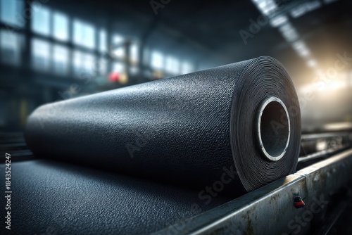 A black industrial conveyor belt roll against a blurred factory backdrop