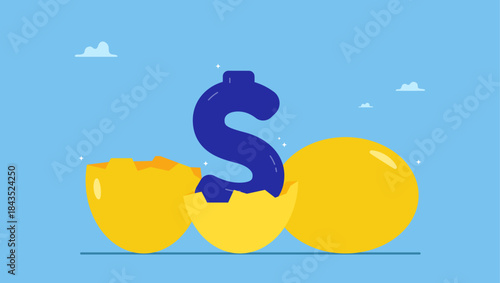 Shiny golden eggs with one hatched as US dollar money sign. Growth or value stocks investment, earning or dividends from stock market metaphor or profit and return from investment asset.