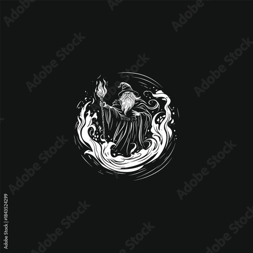 Powerful old wizard with a long beard holding a flaming staff surrounded by mystical energy in a hand-drawn circular emblem style