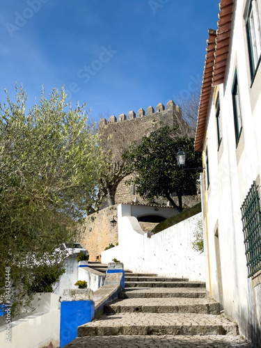 Stone staircase and white houses beneath the medieval walls of Obidos, Portugal
