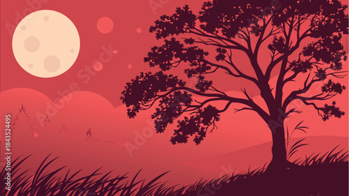 Dramatic Red Full Moon Night Landscape Illustration with Tree Silhouette and Lone Figure