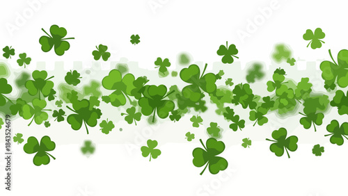 Festive St. Patrick's Day background with flying green shamrocks and subtle cityscape
