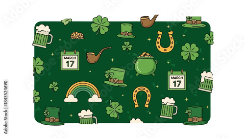 St. Patrick's Day Seamless Pattern with Lucky Charms and Symbols