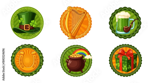 St. Patrick's Day Symbols Collection: Hat, Harp, Beer, Horseshoe, Pot of Gold, Gift