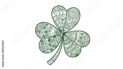 Decorative Green Shamrock with Intricate Patterns and Zentangle Designs for St. Patrick's Day