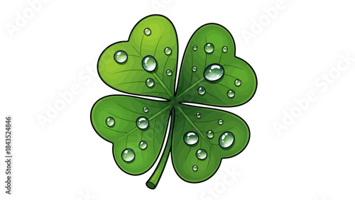 Close-up Illustration of a Dew-Kissed Four-Leaf Clover on a White Background
