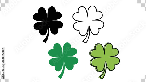 Four Clover Leaf Designs: Solid Black, Outline, Solid Green, and Green with Outline