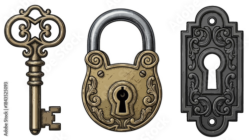 Ornate vintage key vector elements with etched skeleton key, padlock, and keyhole for antique branding