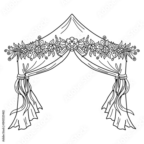 Hand drawn floral wedding arch or canopy line art. Decorative Bridal altar sketch vector illustration. Floral wedding design. Wedding decoration