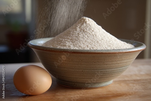 Close up of rice flour falling into ceramic bowl with egg
