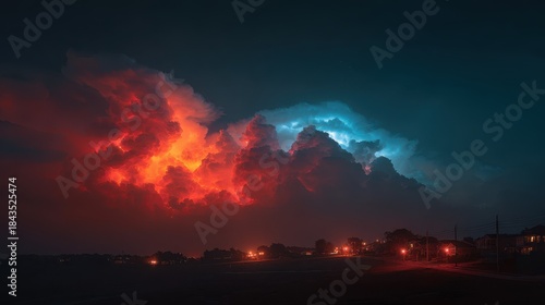 Fototapeta Naklejka Na Ścianę i Meble -  Colorful clouds light up the night sky over a small town with street lights shining brightly