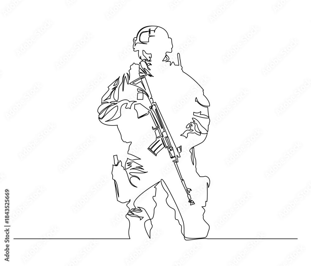 Obraz premium Continuous line drawing of Soldier Veteran. Single line illustration of Military Soldier, Illustration, Veterans Day Concept. Editable outline.