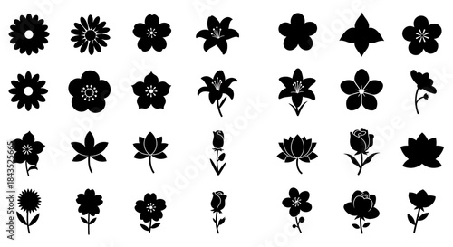 Black Flower Silhouette Icon Collection Set.