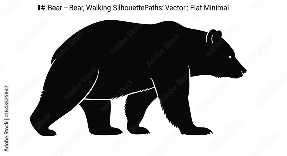 Fototapeta premium Walking Bear Black Silhouette Vector Illustration in Flat Minimal Style, Isolated Animal Profile Shape on White Background