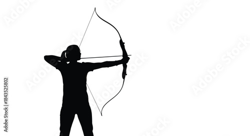 Dynamic Silhouette of an Archer Aiming Bow and Arrow, Ready to Shoot, Isolated on a Clean White Background