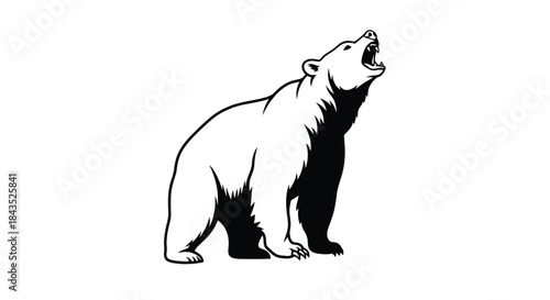Dynamic Roaring Bear Black and White Illustration. Majestic Animal Graphic for Logo, Mascot, or Icon. Wilderness, Strength, and Power Concept.