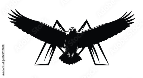 Majestic Black Eagle or Hawk Silhouette with Spread Wings and Modern Geometric Triangles, Graphic Vector Emblem on White Background