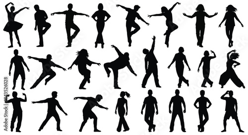 Diverse Human Silhouettes in Action Poses: Dynamic Black Figures for Movement, Dance, and Active Lifestyle Graphic Design Elements