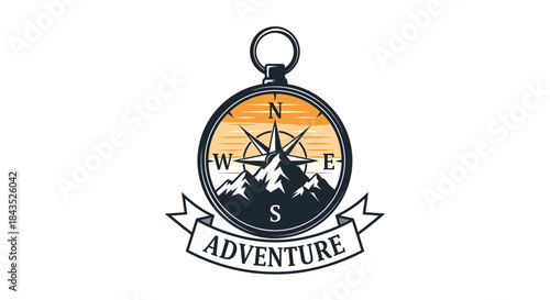 Compass pointing the way to adventure with mountains and a banner reading adventure