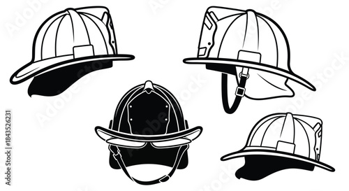 Collection of various firefighting helmets depicted from different angles
