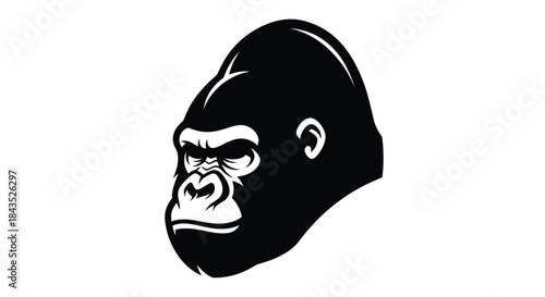 Bold Black and White Gorilla Head Illustration. Powerful Primate Face Vector Art, Monochrome Ape Graphic Design.