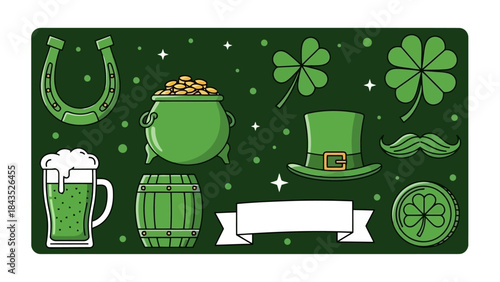 St. Patrick's Day Symbols and Icons - Green Theme: Pot of Gold, Beer, Hat