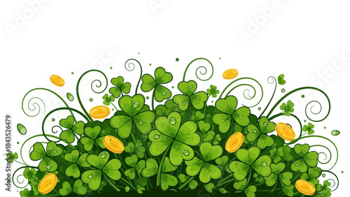 Lucky Clover and Gold Coins Arrangement with Swirling Green Vines and Dew Drops