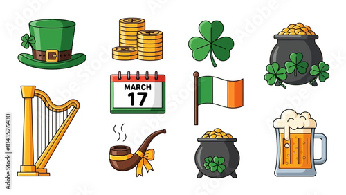 Saint Patrick's Day Icons: Hat, Coins, Harp, Calendar, Flag, Beer and Pot of Gold