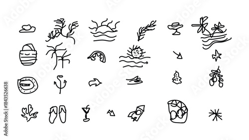A collection of 20 unique hand drawn icons featuring various objects and symbols