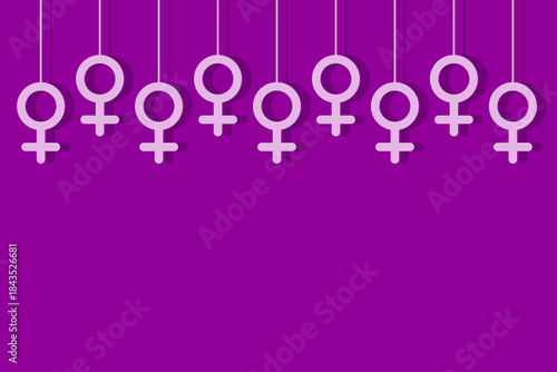 Vector illustration of garland made from pink feminine symbols decorating the top of purple violet background. Clean modern layout Copy space, ideal for text, posters, branding, cards, social designs.