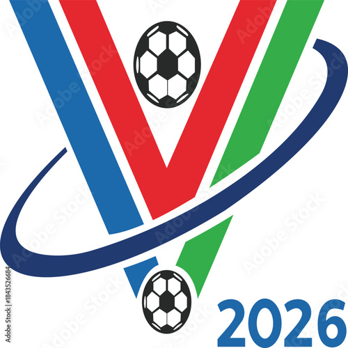 This energetic design features a bold "V" shape formed by blue, red, and green colors, with soccer balls incorporated into the design. The year "2026" signifies an upcoming sports event, making it per