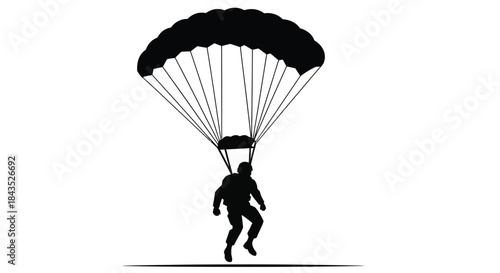 Skydiver Silhouette Vector Illustration: Parachutist Descending with Open Parachute Against White Background, Extreme Sport Activity Graphic